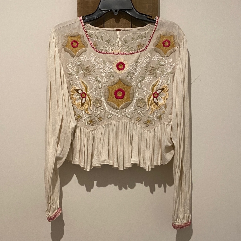 Free People Cream Blouse with Red and Gold Embroidery